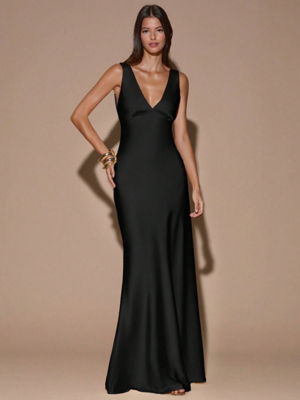 Black Satin Maxi Dress Criss Cross Back Ties - Picture 9 of 10